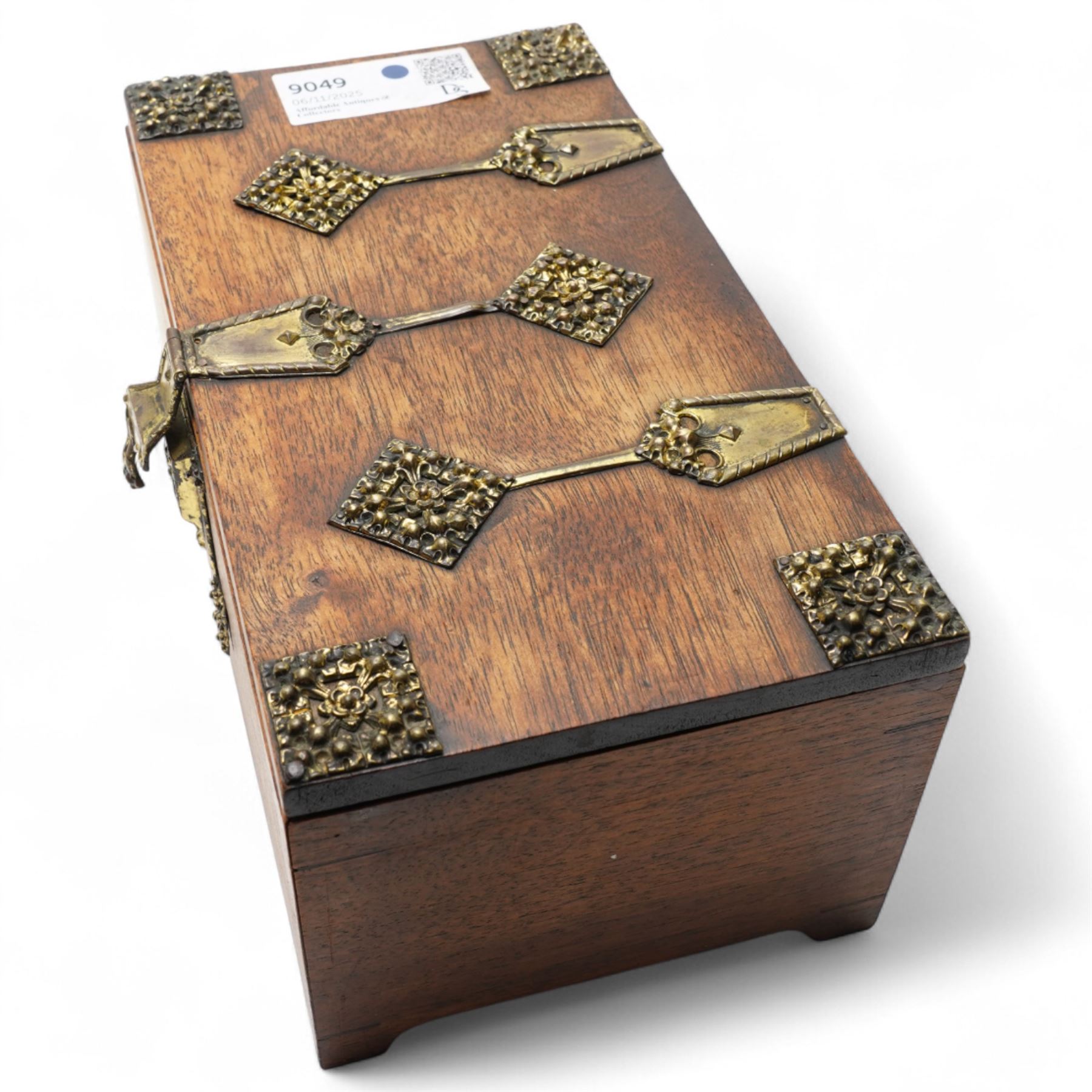 Late 19th/ early 20th century gothic brass bound box L27cm, early to mid 20th century African oil on board, possibly Republic of the Congo, indistinctly signed, together with a watercolour of Rome by Lucy Rice, signed (3)