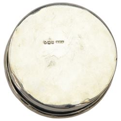 Silver stamp box, the hinged cover with glazed stamp panel, upon four bun feet, stamped 925, together with 1920's silver jewellery box of circular form with engraving to the lid, hallmarked 1920 Birmingham, indistinct maker and covered box with engraving to the lid, hallmarked probably William Harrison Walter 1907, London     