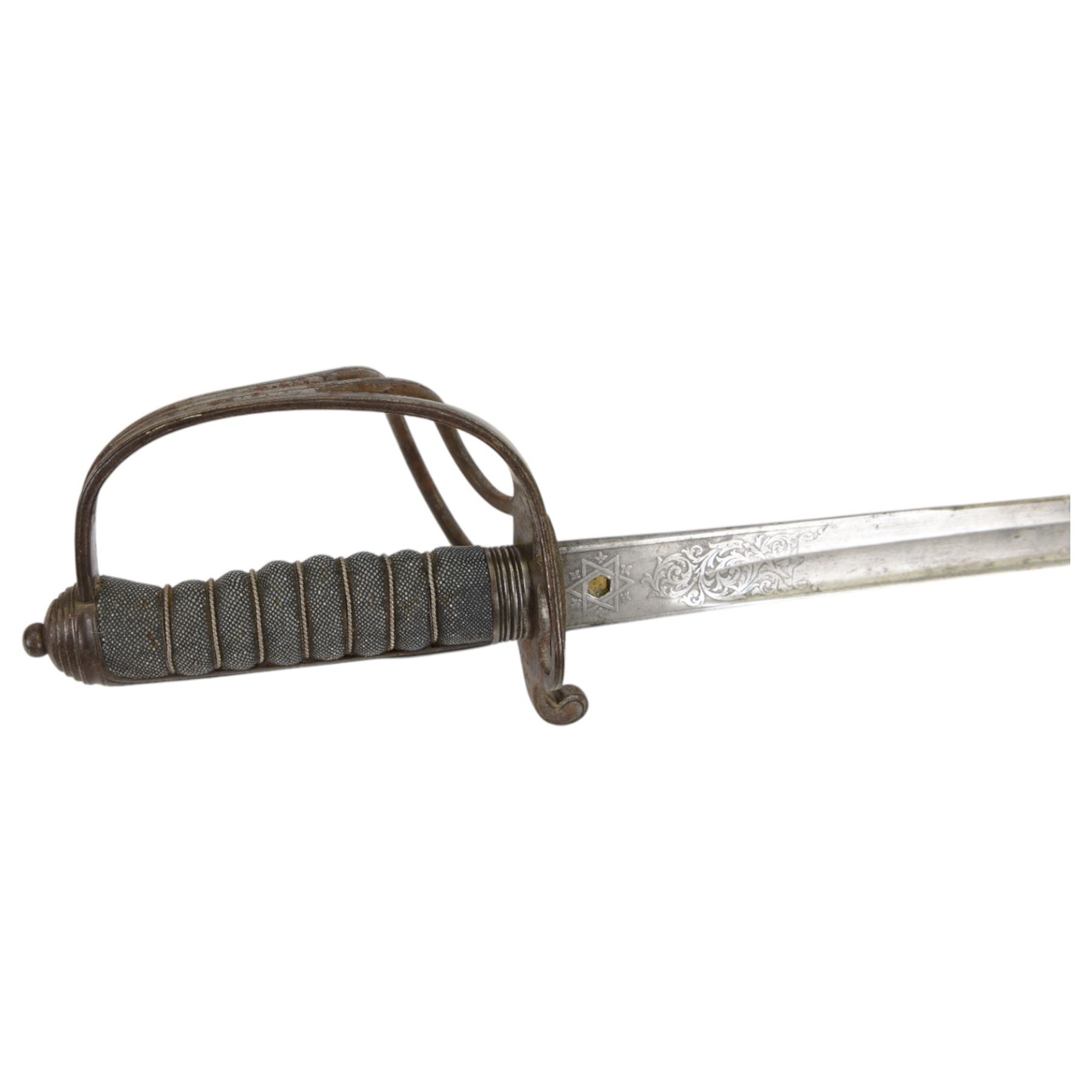 Victorian artillery officer's sword by Henry Wilkinson Pall Mall London, with 89cm steel blade, wirebound fishskin grip, chequered backstrap and stepped domed pommel, in brown leather scabbard, overall L104cm