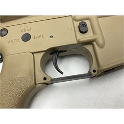 Combat Machine lithium battery powered airsoft BB rifle, 'Complete AEG Series' to fire 5mm pellets, with adjustable length stock L69cm non-extended; with six magazines, Trijicon ACOG red dot telescopic sight, battery charger etc (NO BATTERIES)