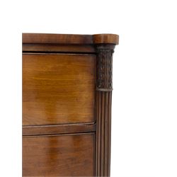 George III mahogany bow front chest, reeded and acanthus carved uprights, fitted with three drawers, turned and reeded tapering feet