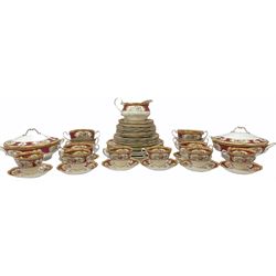 Royal Albert Lady Hamilton pattern part tea and dinner service,  comprising six tea cups and saucers, six cake plates, six twin handled soup bowls and four saucers, six dinner plates, six side plates, a serving jug and two covered tureens. 