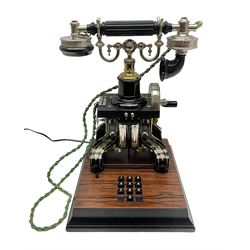 LM Ericsson of Sweden reproduction skeletal telephone, commemorating the centenary of the first 'Tax' in 1892, with gilded details on square walnut base with keypad and brass plaque beneath numbered 1892-09305, H35cm