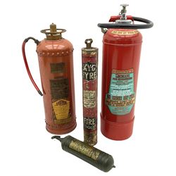 Early 20th century Kyl Fyre dry powder fire extinguisher, together with a Pyrene C.T.C fire extinguisher, and two larger fire extinguishers comprising a 1962 Minimax example and a Lister example, tallest H66cm