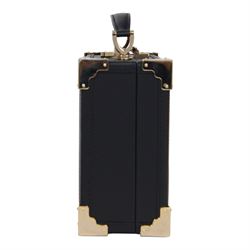 Aspinal of London black leather structured top-handle handbag with gold-tone metal mounts and corner protectors, the hinged lid opening to a fabric-lined interior fitted with a zip pocket and slip compartment, leather brand label stamped Aspinal of London England, fitted with a detachable adjustable leather shoulder strap, accompanied by an Aspinal of London dust bag and presentation box, W19cm D8cm H16cm