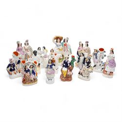 Victorian and later Staffordshire flatbacks, spill vases and figures including 'Gipsy Boy', two modelled as 'Marquess of Lorne and Princess Louise', 'Uncle Tom & Eva', 'Paul & Virginia' and other models, H33cm max (12)