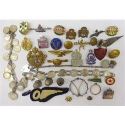  Sovereign mount stamped 9ct, silver double Florin mount, hallmarked, silver Albert chain, hallmarked with sterling silver heart padlock, RAF Observers wing & brooch, WVS Civil Defence badges, Samuel Foskett silver thimble, 1780 & two other silver thimbles and miscellanea   