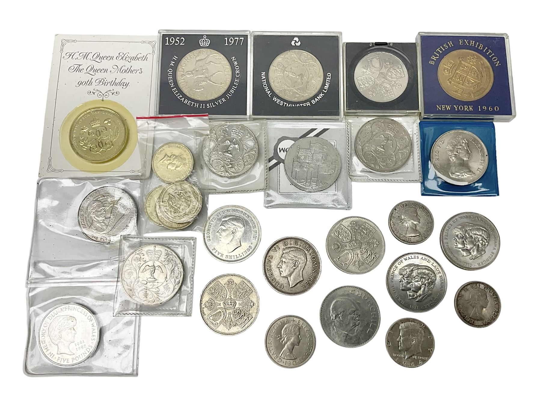 King George VI 1937 crown coin, various commemorative crowns, Queen Elizabeth II Canada 1957 and 1959 fifty cent coins, four Great British five pound coins, United States of America 1964 half dollar etc