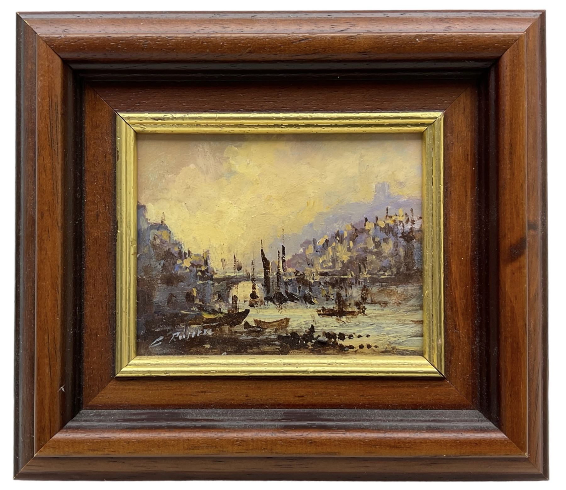 Colin Russell (British 1932-2009): 'Whitby Harbour', oil on board signed, titled verso 9cm x 12cm