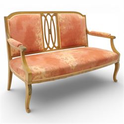 Edwardian satinwood settee, the shaped and bowed top rail enclosing a pierced splat with i...