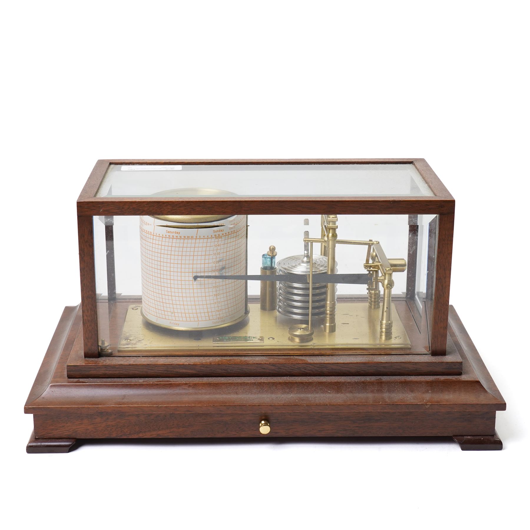 English-20th century Met-Check aneroid barograph in a mahogany case with a chart draw and charts, 8-day spring wound movement with a 7 stack aneroid capsule and 3-3/4
