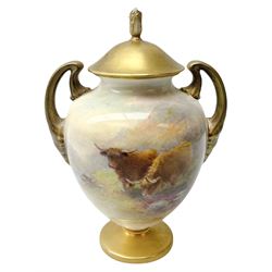 Mid 20th century Royal Worcester twin handled vase and cover decorated by Harry Stinton, the body of ovoid form hand painted with highland cattle against a mountainous landscape, signed H Stinton, upon a circular gilt foot, with black printed marks beneath including shape number 2701, and date code for 1951, H16cm