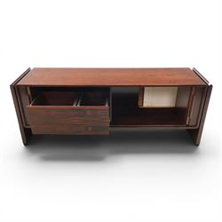 Dyrlund - contemporary Santos rosewood office sideboard of minimalist form with clean lines, rectangular top with integrated side supports, left side with two drawers, and right side with a filing drawer, all enclosed by tambour sliding doors
