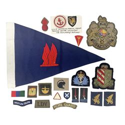 Royal Arms cloth arm adge as worn by Regimental Serjeant-Majors in Foot Guards; naval cap badge; WW2 Commando/Special Forces cloth badges; Home Guard and LDV shoulder titles; and other cloth badges including armoured division, 45th and 77th division, 52nd Lowland Mountain division etc; and 24th Infantry Brigade airmobile pennant