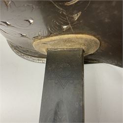 WW1 British Army 1897 Pattern Officers Sword, the 80cm fullered steel blade with traces of decoration and inscribed 'W.E. French 1914'; the basket hilt pierced with the George V cypher and wire-bound fish-skin grip L97cm overall; and WW1 British 1821 pattern Royal Artillery officer's sword with three-bar hilt; both lacking scabbard (2)