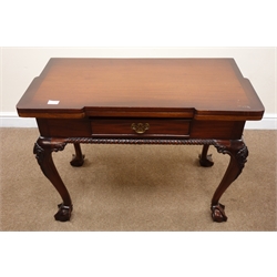  Georgian style mahogany games table, hinged lid enclosing inlaid chess and gammon board, single drawer, gate leg action floral carved cabriole legs on ball and claw feet, W90cm, H71cm, D89cm (maximum)  