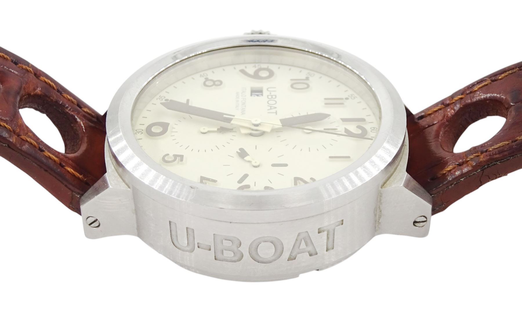 Italo Fontana U-Boat Flightdeck Cas Beige gentleman's stainless steel automatic watch, Ref. 7117, cream dial with Arabic hour markers and three subsidiary dials, on original brown leather strap, boxed with warranty card dated 2014