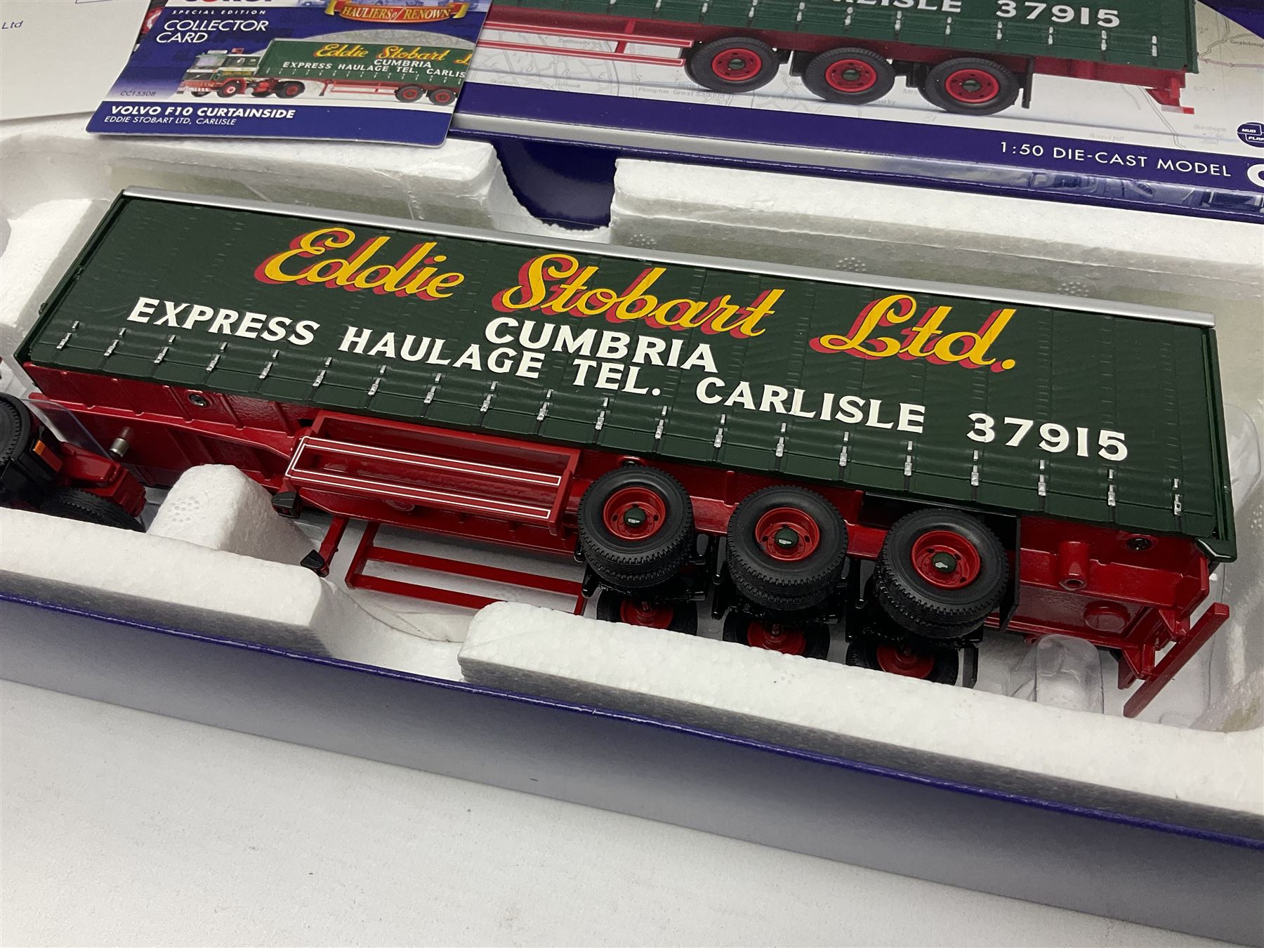 Corgi Eddie Stobart - two Special Edition Hauliers of Renown lorries; CC13749 Scania R Curtainside Trailer and CC15508 Volvo F10 Curtainside; and limited edition Hauliers of Renown CC13801 Mercedes-Benz Actros Fridge Trailer; all boxed (3)
