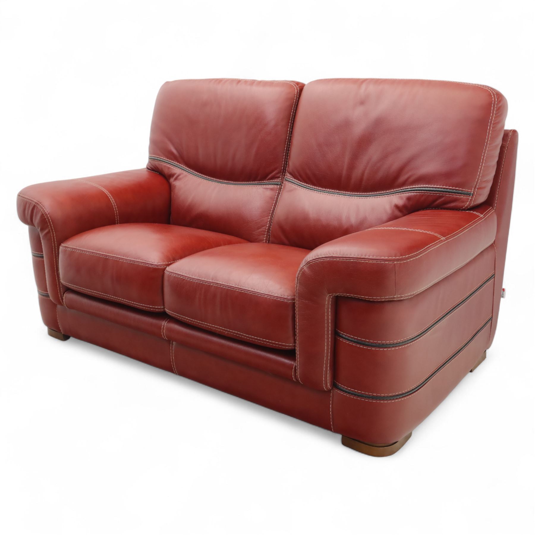 Bardi, Italy - two-seat sofa and footstool, upholstered in deep red leather, stool 72x63x39cm 