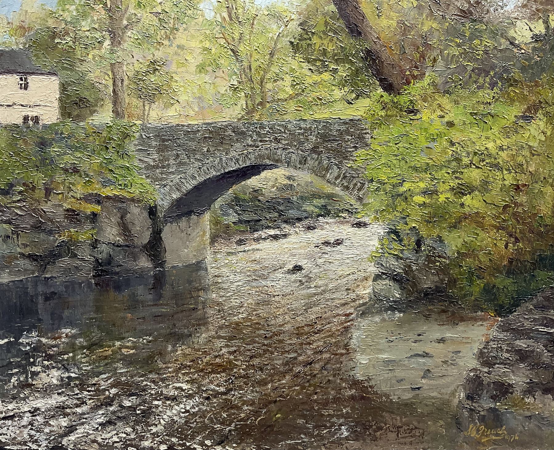 French (20th century): Stone Bridge, oil on board signed and dated 1974, 50cm x 60cm