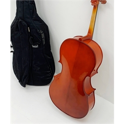  Great 4 Music student three-quarter size cello with 69cm two-piece back and spruce top, bears label, L112cm overall, in carrying case  