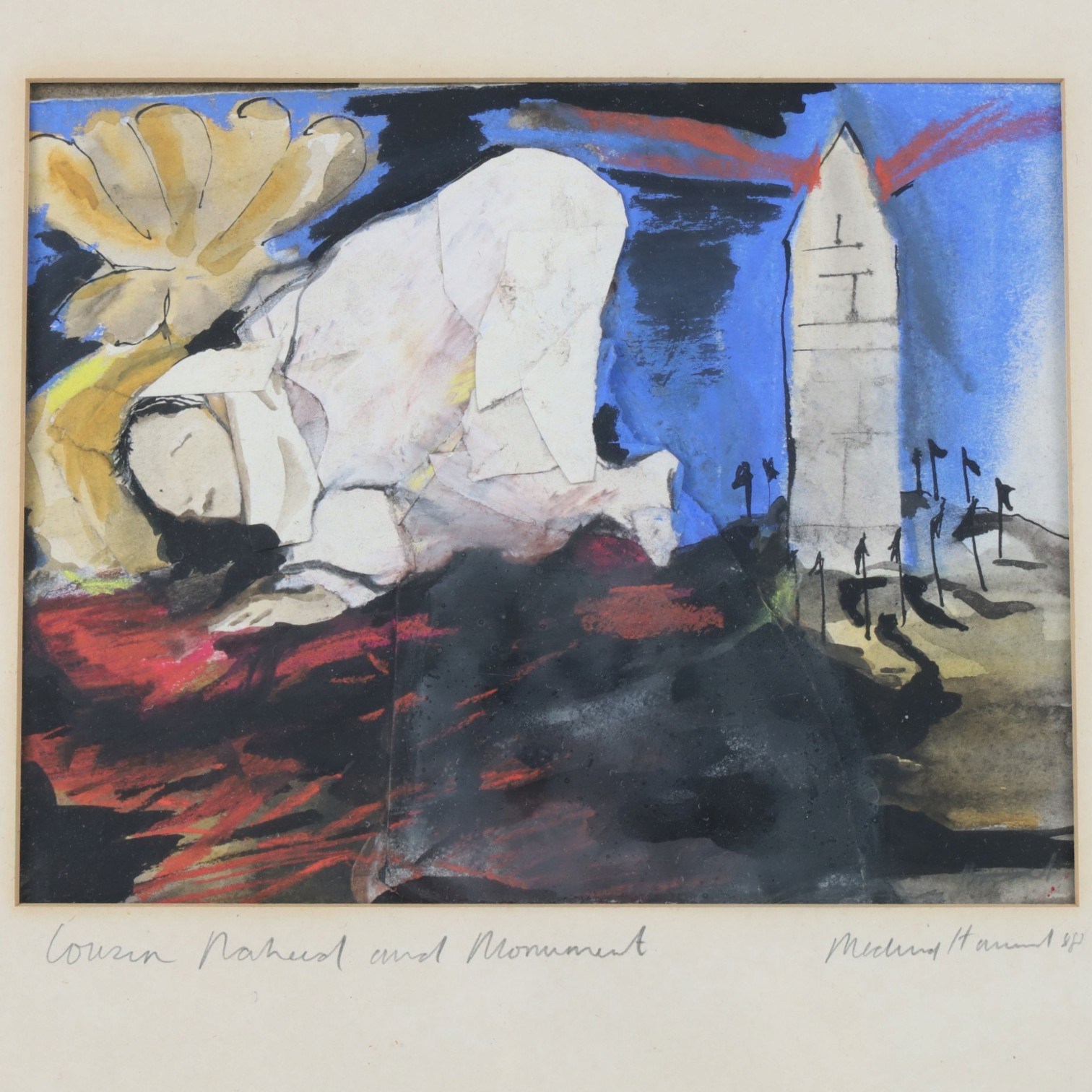 English School (20th century): 'Cousin Naheed and Monument', mixed media indistinctly signed and titled 18.5cm x 23cm