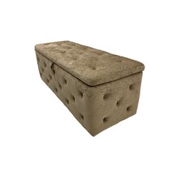 Storage ottoman with hinged lid, upholstered in buttoned grey fabric