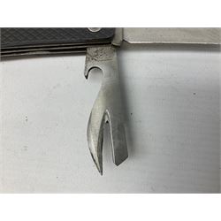 WW2 British army folding jack/clasp knife with blade and can opener marked with broad arrow and date 1944; a similar unmarked British army folding three-blade knife; and another later similar British Army knife marked Wade & Butcher Sheffield England (3)