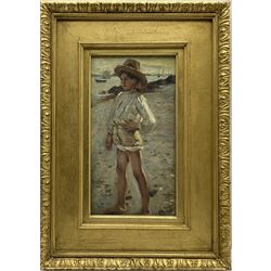 After Henry Scott Tuke (British 1858-1929): Boy on the Shoreline, oil on panel signed with initials 37cm x 20cm