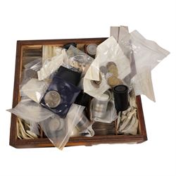 Great British and World coins and stamps, including USA 1984 stamp and cover collection, 'America Remembers the World at War' first day cover collection, numerous pre-decimal coins, etc, in one box