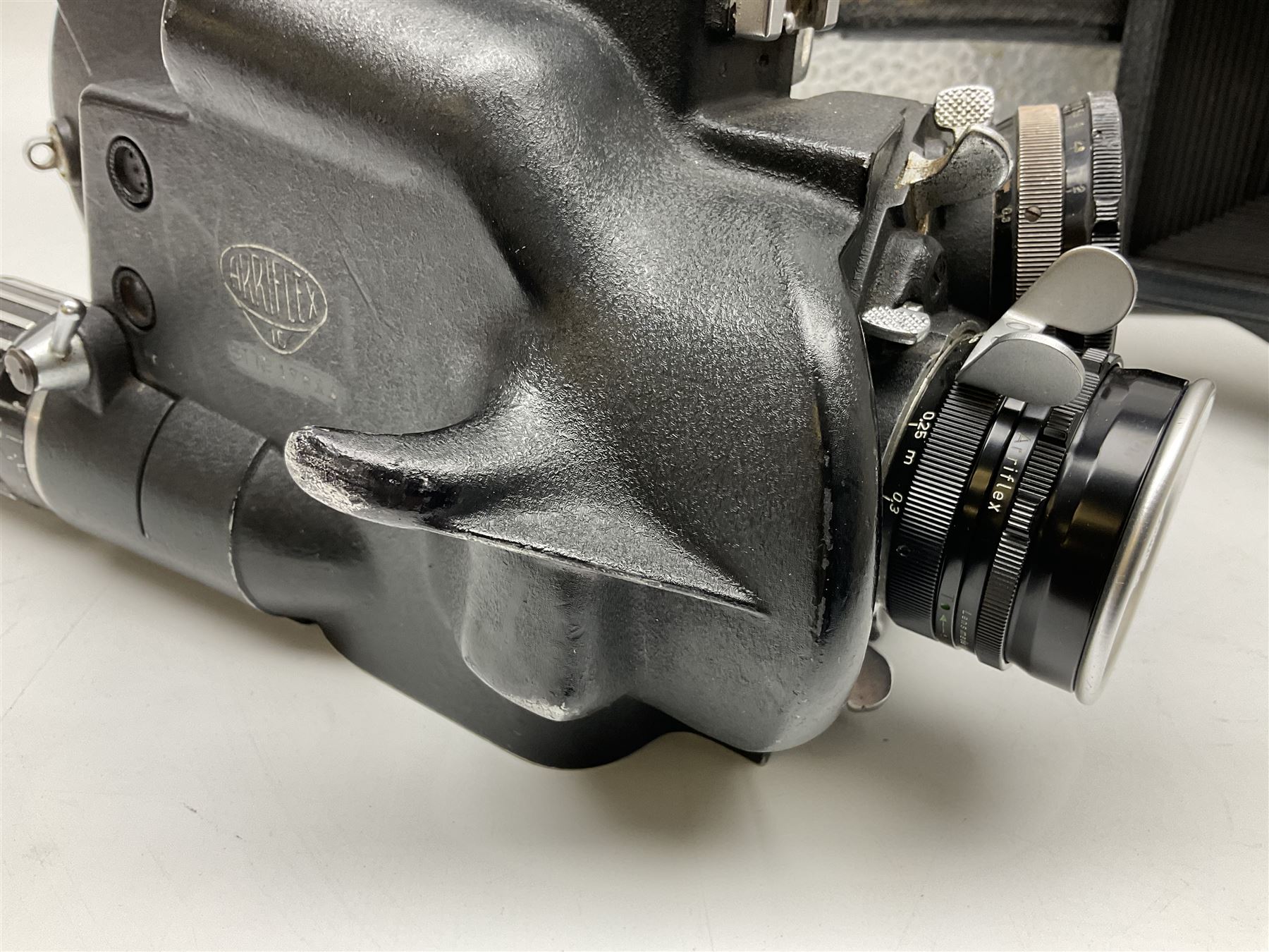 Arriflex 16SB camera body, serial no. 1784, with ' Carl Zeiss Distagon 1:2 f=8mm' lens, serial number 3860224, 'Carl Zeiss Jean Tessar 2/16' lens, serial no 3624355, camera pistol grip and other accessories, in fitted hard case