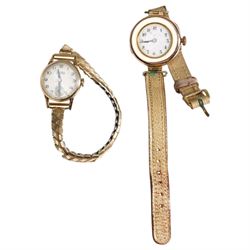 Two 9ct gold manual wind wristwatches, hallmarked, on on a leather strap, the other on a e...