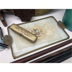 Tapestry fire screen, together with walking sticks, barometer, brass charger etc 