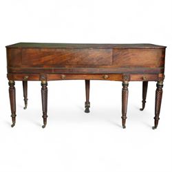 Early 19th century George IV Square Piano by William Rolfe & Co, 112 Cheapside, London, c1821. Mahogany veneered case with rosewood crossbanding and brass stringing, with sustain pedal and reeded legs on a tapered spiral with brass capitals, with three music draws beneath and a folding duet music stand, nameboard with makers name on a round gilt medallion and open silk backed fretwork to the ends, serial No 6699, double strung, English double action with 68 ivory and ebony keys, F1-C7. original strings, hammers and dampers, soundboard and bridge in good condition, with original makers written instructions on regulating the action and tuning the piano attached to the inside of the instrument. In good condition, however the action is in need of regulation and tuning.
William Rolfe is thought to have been in business between 1785 and 1828. 
Given the intricate nature of these historic instruments, specialist support will be available if required, to assist successful buyers with safe removal and onward handling. Price upon application.


This item has been registered for sale under section 10 of the APHA Ivory Act Reference PB6GL6SZ