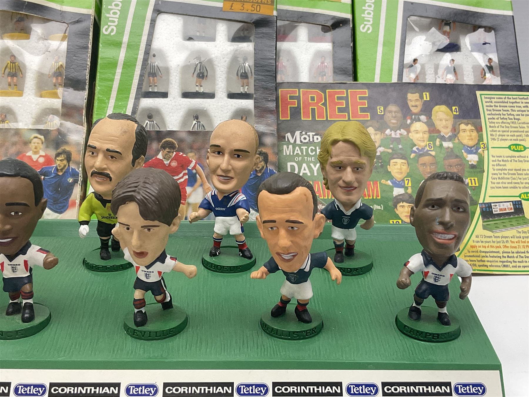 Subbuteo - table football game with plain red and blue teams; looks to be unused in box; six individually boxed additional teams comprising 779 Leeds United 2nd, 770 Manchester United 1993 Premier League Champions, 703 Southampton, 680 Scotland, 287 Notts County/Espinho/Doxa/Grimsby Town and 030 Berwick/East Fife/AEK/Hull City/Lierse; and Corinthian/Tetley Match of the Day Dream Team set of twelve figures on stand