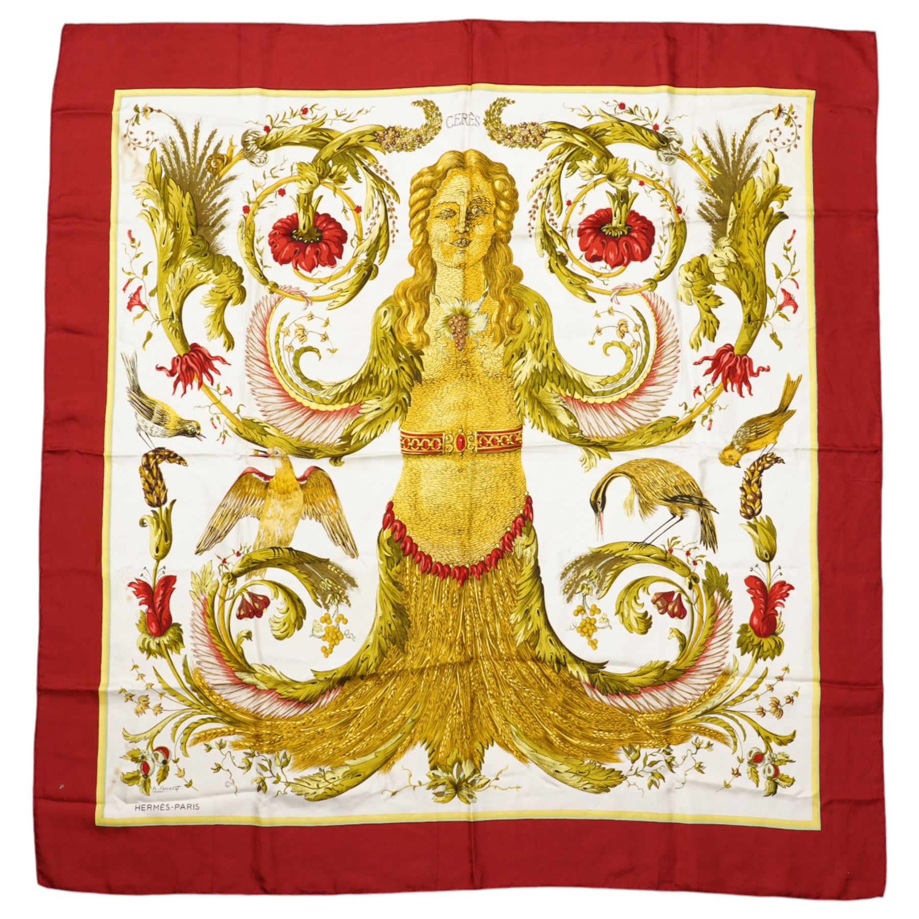 Hermes 'Ceres' silk scard, in the red gold and green colourway, designed by Francoise Faconnet 86cm x 86cm 