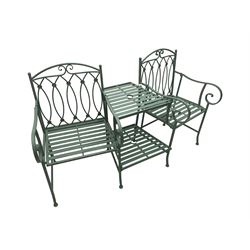 Washed green finish metal garden lovers bench, the two strap seat armchairs united by two-tier side table 