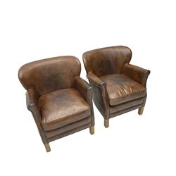 Halo - pair 'Little Professor' club armchairs, upholstered in tan leather with studwork, raised on square supports