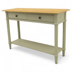John Lewis - contemporary painted console table, rectangular oak top over single frieze drawer with turned knob handles, raised on four turned supports with lower platform shelf