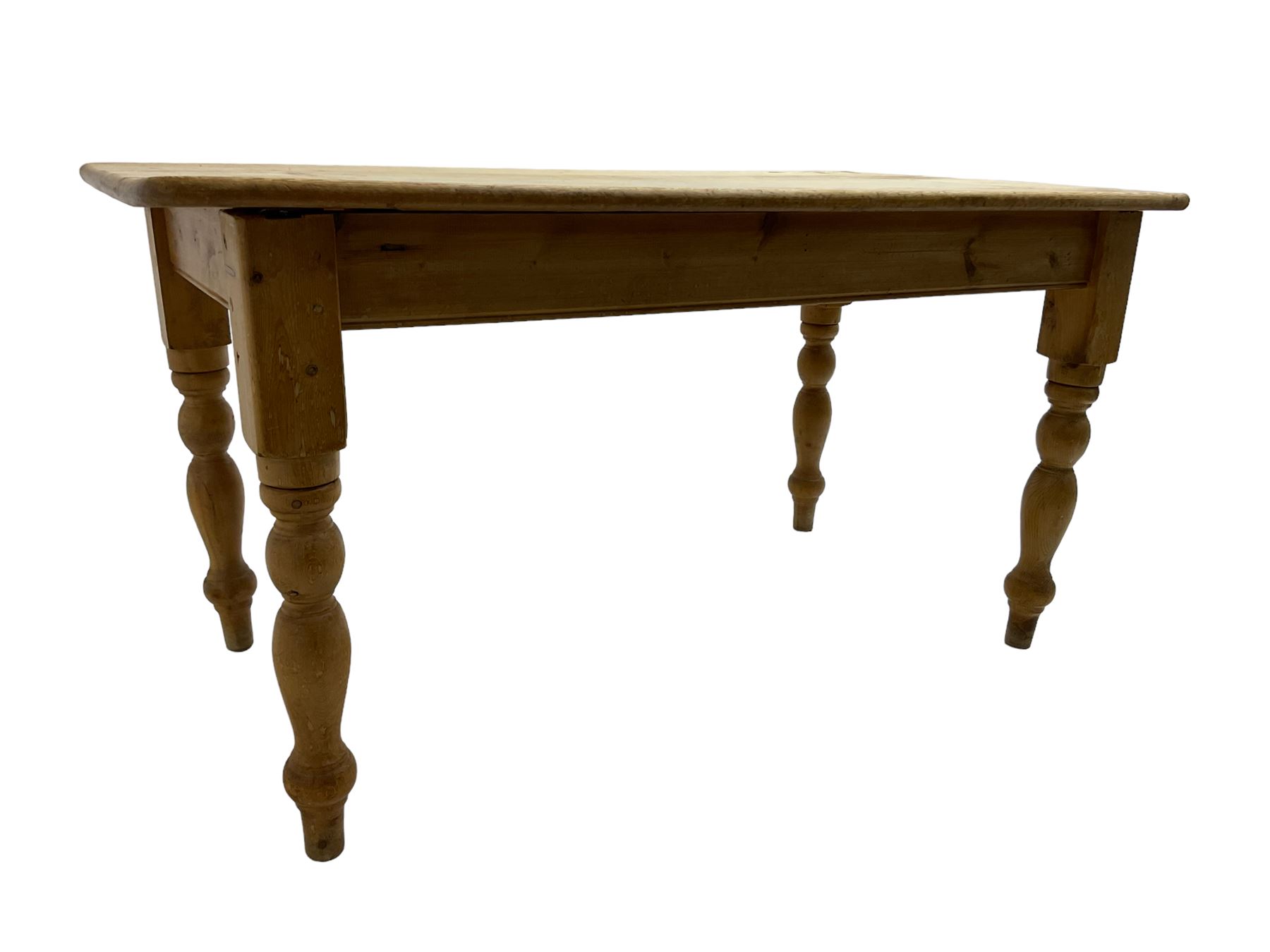 Traditional pitch pine farmhouse table, rectangular top raised on turned supports