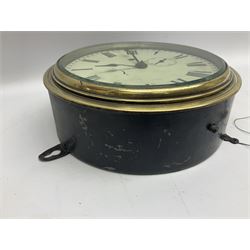 Seth Thomas ship's bulkhead clock with brass bezel and japanned case, the white dial with Roman numerals and subsidiary seconds dial D23.5cm; with key
