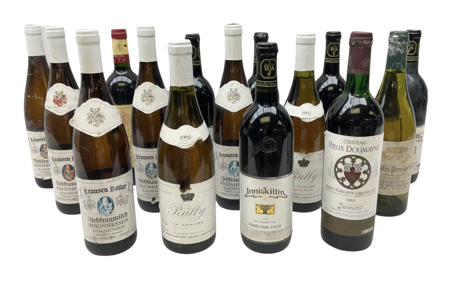 Mixed alcohol including two bottles Rully 1992 La Chaume, 75cl, 13% vol, Chateau Vieux Doumayne 1989 Saint-Emilion Grand Cru, 75cl, 12% vol, five bottles Krausen Keller Liebfraumilch Rheinhessen, five bottles Inniskillin 1992 Marechal Foch etc