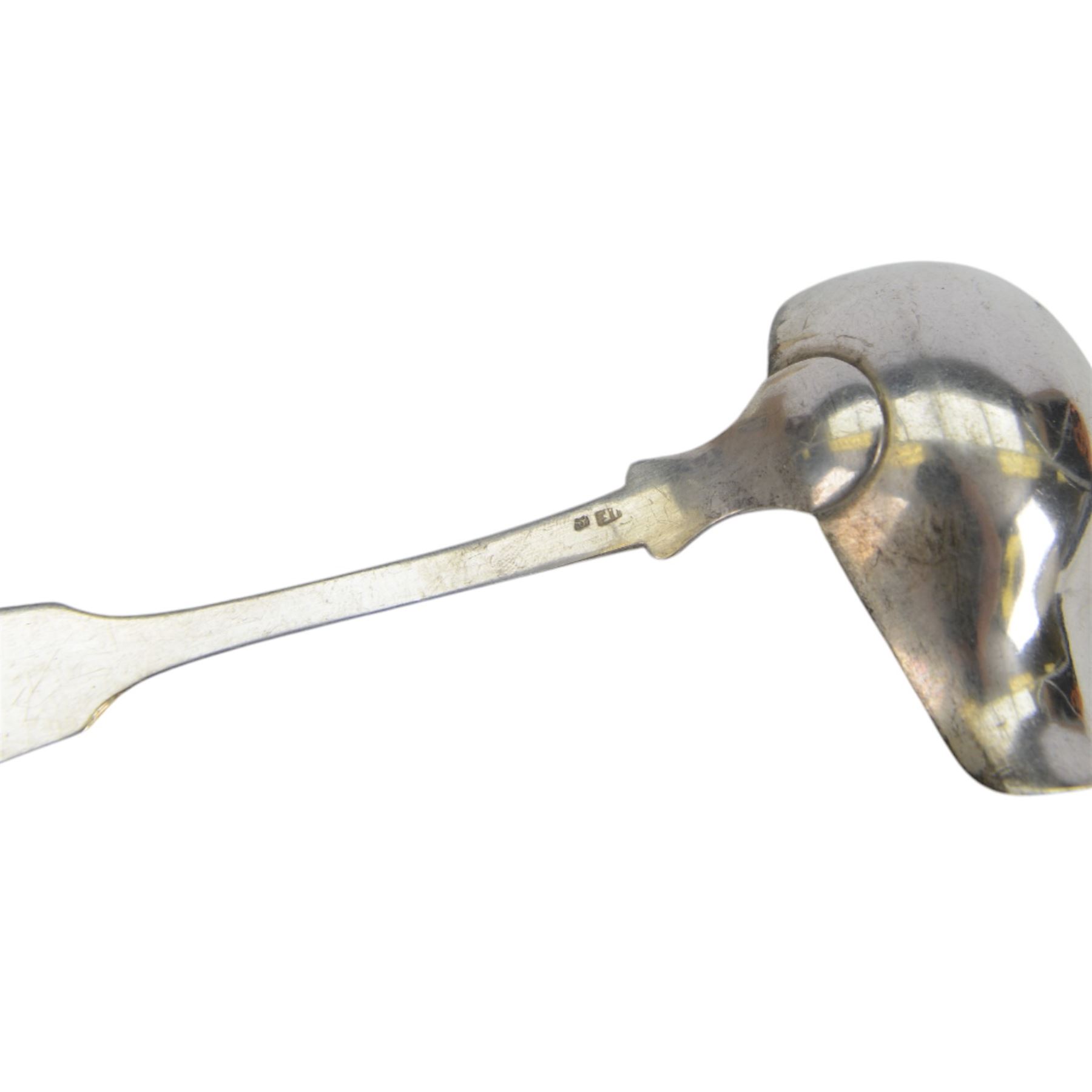 Six Continental/American silver ladles, including American silver Art Nouveau style example with curved leaf handle by Reed & Barton, three German silver examples, a Russian silver example and one other