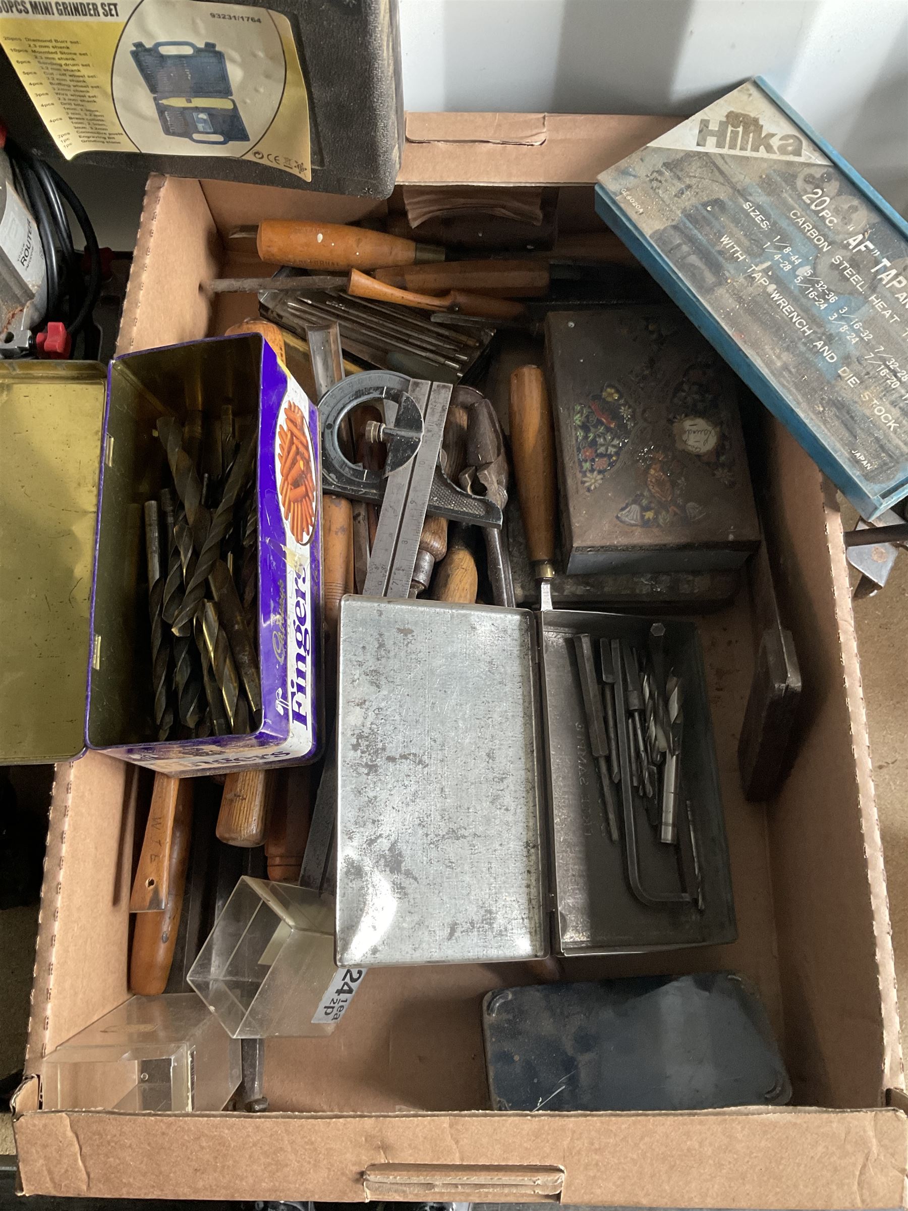 Selection of tools such as wood carving chisels, Tap and Die set, drill bits, grinder set, router, spray gun and others - THIS LOT IS TO BE COLLECTED BY APPOINTMENT FROM DUGGLEBY STORAGE, GREAT HILL, EASTFIELD, SCARBOROUGH, YO11 3TX