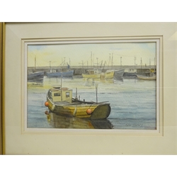 Ken Perry (British 20th century): Bridlington Harbour, watercolour signed, and Alan (British 20th century): Ship's Portraits, two oils on board, one signed and dated 1967, max 68cm x 42cm (3)