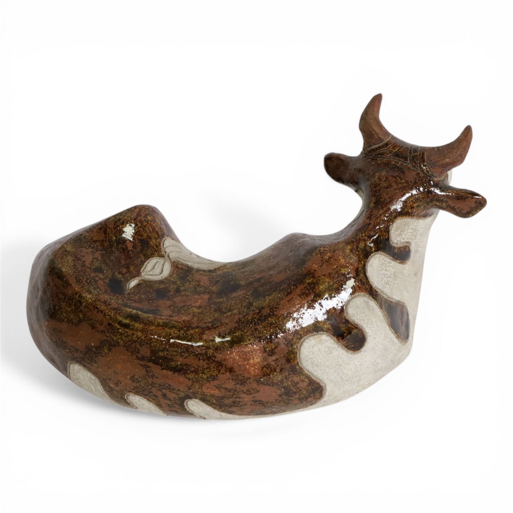 Rosemary Wren (1922-2013) - Oxshott pottery, stoneware sculpture of a recumbent cow, with impressed mark beneath, H13cm  