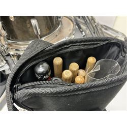 Pearl Vision SST Birch Ply shell four-piece drum kit in black comprising bass drum with foot pedal and three graduated toms; together with Pearl Custom Alloy Sensitone steel snare drum, drum and cymbal stands, microphone stand, stool and various drum sticks 