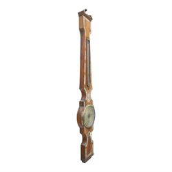 Three wheel barometers, a mother of pearl inlaid mahogany case, swan neck pediment, thermometer and circular dial, H 92cm, the second Sheraton Revival style with floral inlay, swan neck pediment, thermometer and circular dial, H 102cm, the third Sheraton Revival style, H 95cm (3)