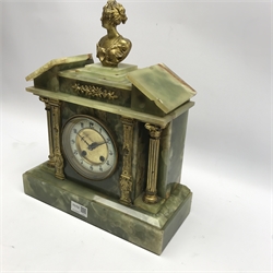 Victorian green onyx mantel clock, sloped arched pediment with gilt metal bust of a woman, decorated with gilt metal Corinthian columns and mounts, twin train movement striking the hours and half on coil, W32cm, H38cm