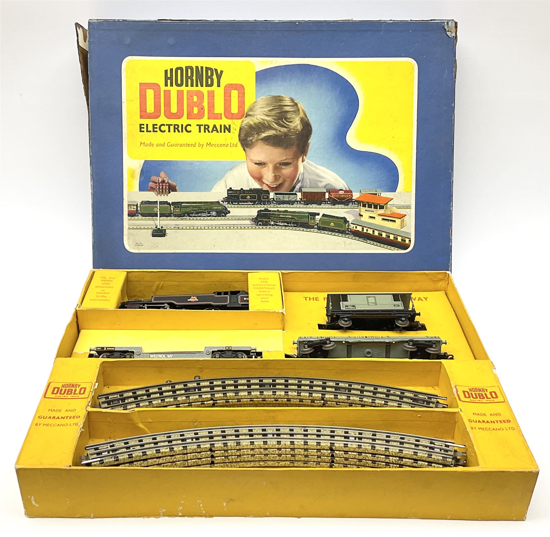 Hornby Dublo - three-rail EDG18 Tank Goods Train set with BR black 4MT Standard 2-6-4 tank locomotive No.80054, two wagons, brake van and quantity of track, boxed.